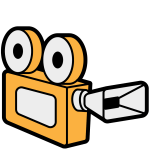 Illustration of a vintage movie camera with large eyes and a projector lens.